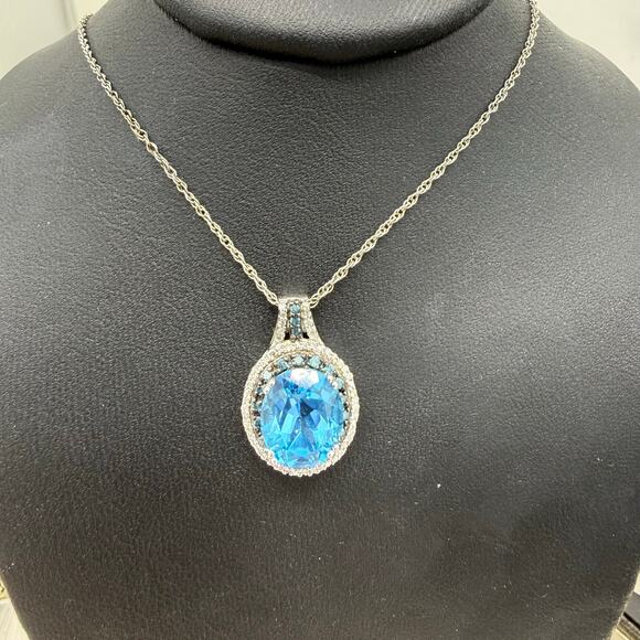 Blue Topaz Double Diamond Halo Pendant Necklace 925 Sterling Silver 18in Chain - Picture 7 of 8